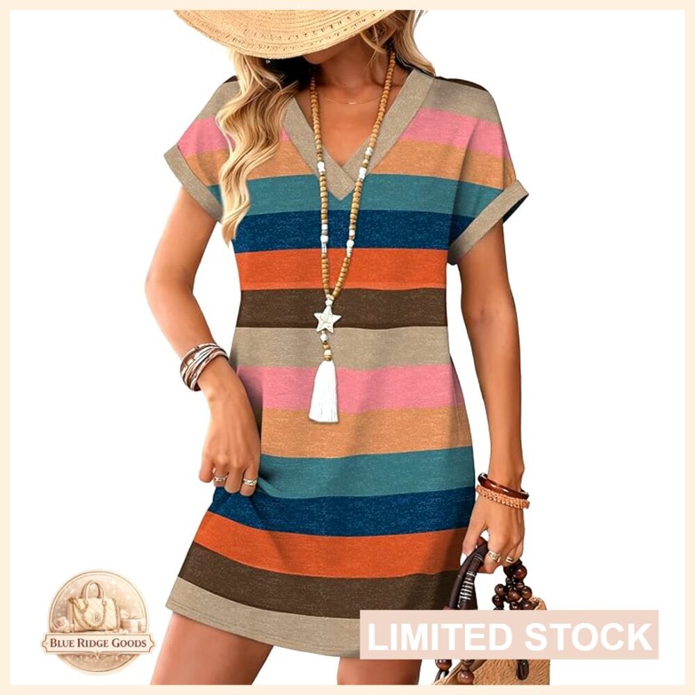 Casual T-Shirt Dress V-Neck Short Sleeve Loose Fit Flowy Mini Dress